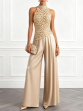 Women Champagne Lace Halter Neck Sleeveless Dressy Jumpsuit