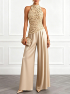 Women Champagne Lace Halter Neck Sleeveless Dressy Jumpsuit