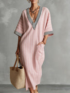 Women's Striped Printed V-neck 3/4 Sleeve Casual Loose Cotton Linen Dress
