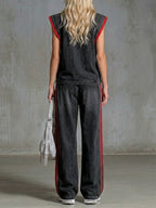 Casual Half-zip Sleeveless Denim Top And Pants Two-piece Set