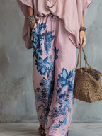 Pink Batwing Sleeve Top And Blue Floral Wide-leg Pants