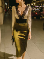 Olive Satin & Lace Contrast Cocktail Dress