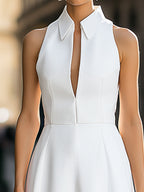 Tailored Sleeveless Collared Deep V A-Line Midi Dress