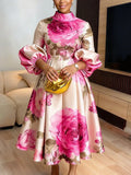 Pink Rose Print High Neck Puff Sleeve High Waist Flare Midi Dress