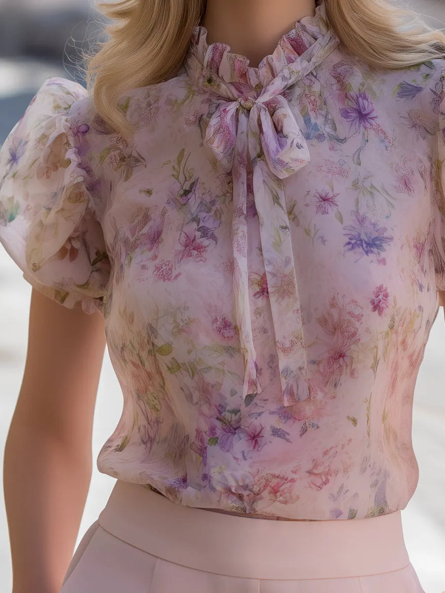 Floral Puff Sleeve Tie-Neck Chiffon Blouse