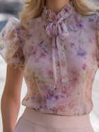 Floral Puff Sleeve Tie-Neck Chiffon Blouse