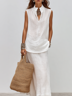 Resort-style White Linen Sleeveless Shirt And Skirt Set