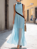 Sleeveless High Neck Maxi Dress With Brown Velvet Trim