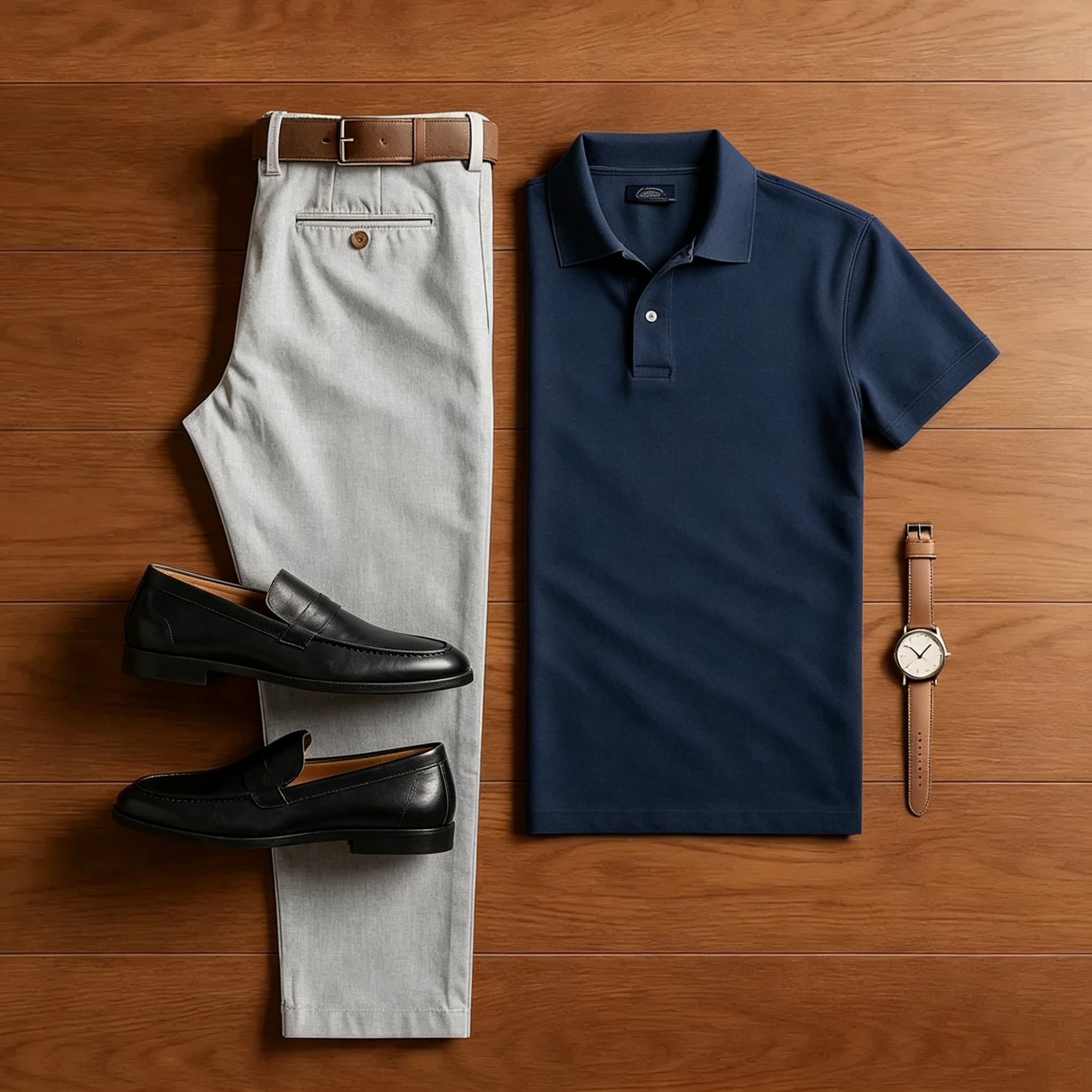 Men's Casual Navy Blue Polo Shirt And Gray Pants Two-Piece Set