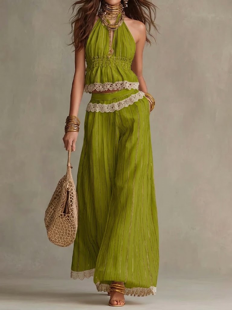 Stylish Striped & Lace-paneled Sleeveless Top And Pants Two-piece Set
