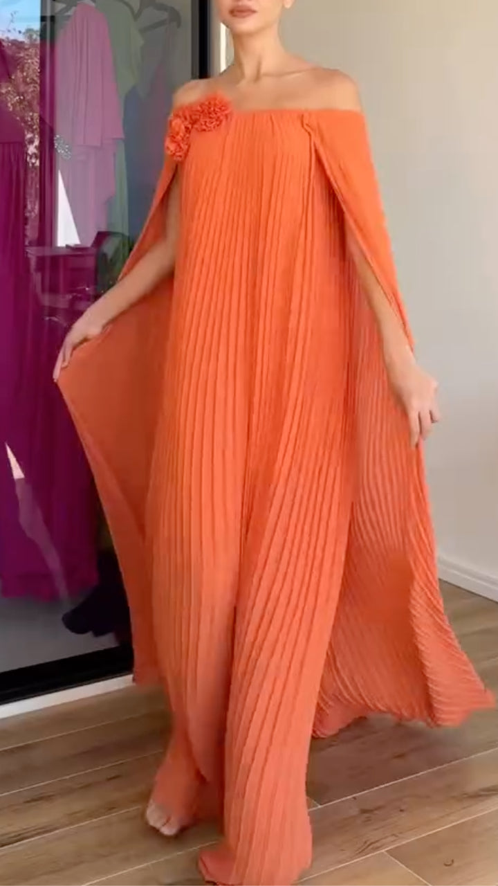 Orange Pleated Off-Shoulder Cape Dress
