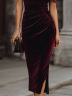 Midnight Asymmetrical Velvet Midi Dress