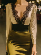 Olive Satin & Lace Contrast Cocktail Dress