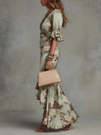 Green Floral Ruffled Bell Sleeve V-neck Satin Asymmetrical Maxi Dress