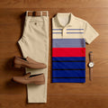 Men's Casual Khaki & Navy Blue & Red Color Matching Striped Printed Short Sleeved Polo Shirt & Trousers Two-Piece Set