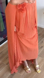 Orange Pleated Off-Shoulder Cape Dress