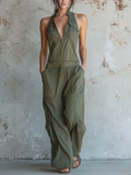 Olive Washed Denim Utility Halter Jumpsuit
