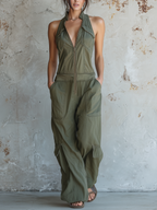 Olive Washed Denim Utility Halter Jumpsuit