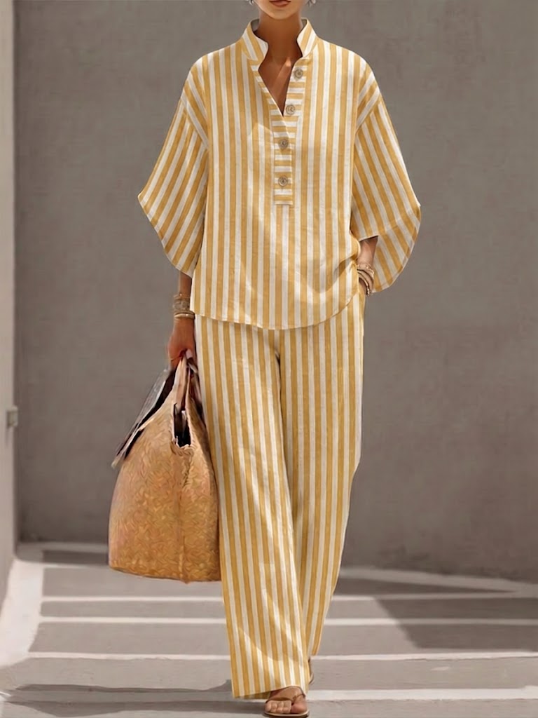 Loose-fit Casual Striped Linen And Cotton Top And Pants Two-piece Set