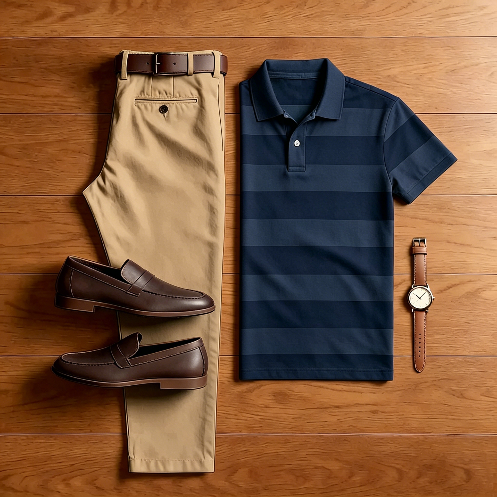 Men's Casual Navy Blue Striped Polo Shirt And Beige Pants Two-Piece Set