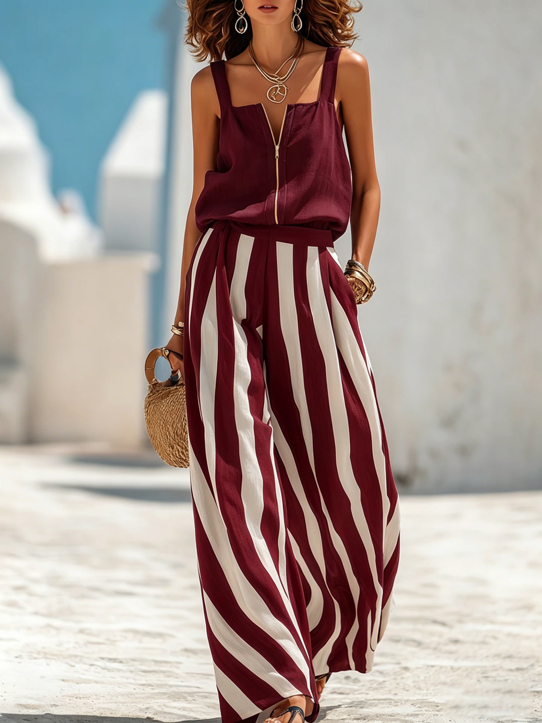 Striped Spaghetti-strap Top & Loose, Slimming Wide-leg Pants Two-piece Set