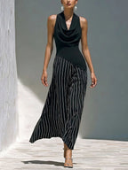 Women's Solid-color Cowl-neck Sleeveless Loose-fit Top & Striped High-waisted Loose-fit Cotton-linen Wide-leg Pants Set