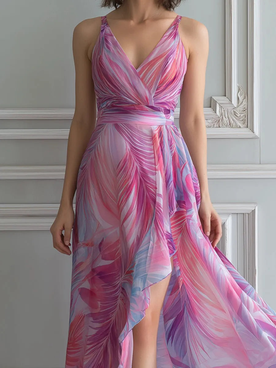 Fuchsia Tropical Leaf Print Chiffon Maxi Dress
