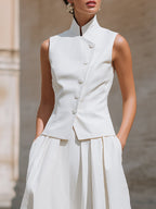 Structured Mandarin Collar Buttoned Vest & Pleated Midi Skirt Set