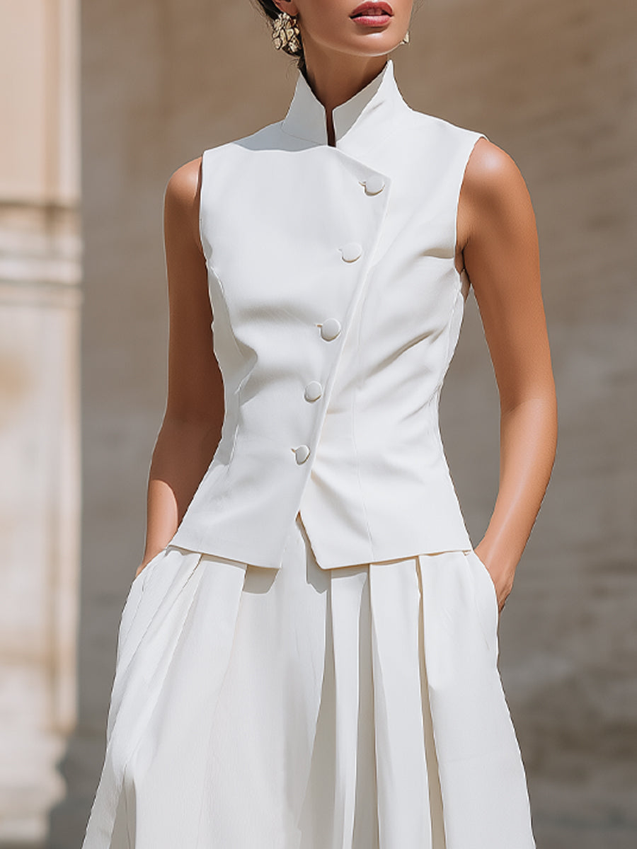 Structured Mandarin Collar Buttoned Vest & Pleated Midi Skirt Set