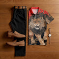 Men's Casual Lion Printed Polo Shirt And Pants Two-Piece Set