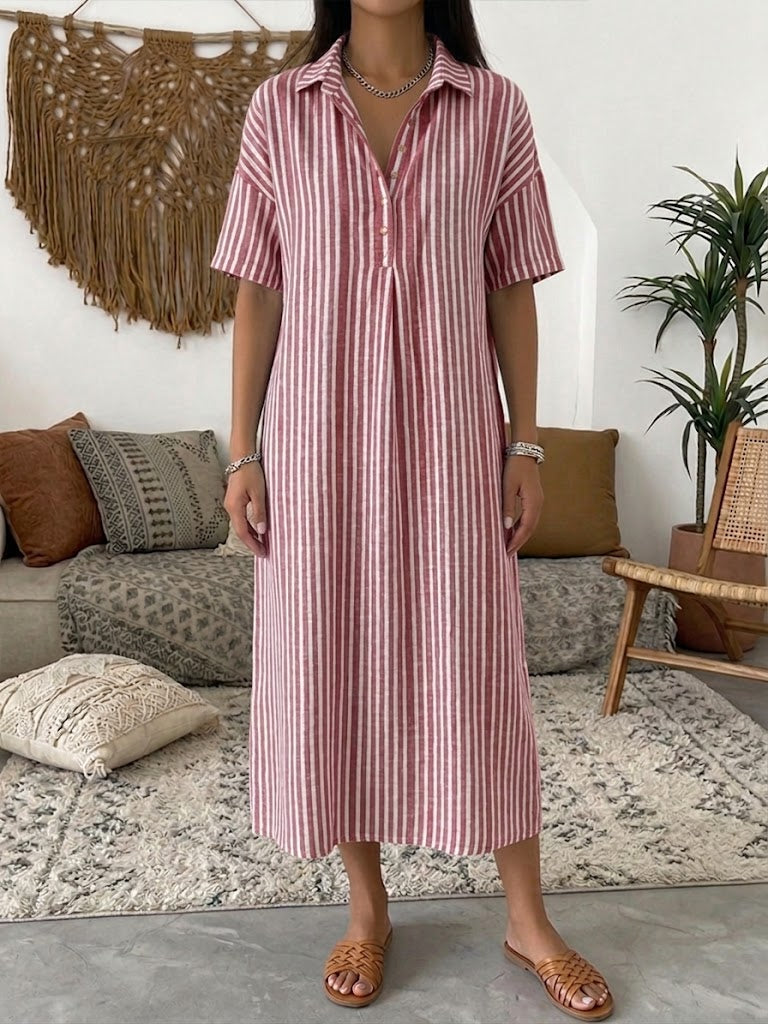 Casual Stripe Polo Collar Linen And Cotton Short-sleeved Dress