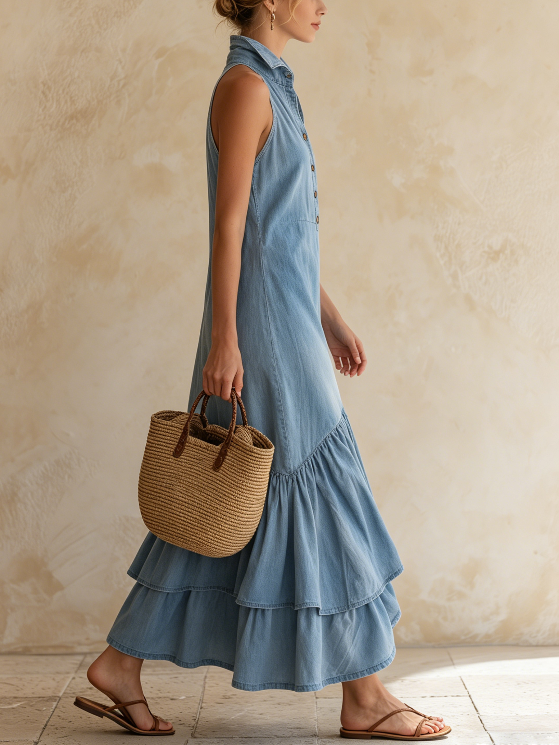 Light Blue Tencel Denim Halter Neck Ruffled Maxi Dress