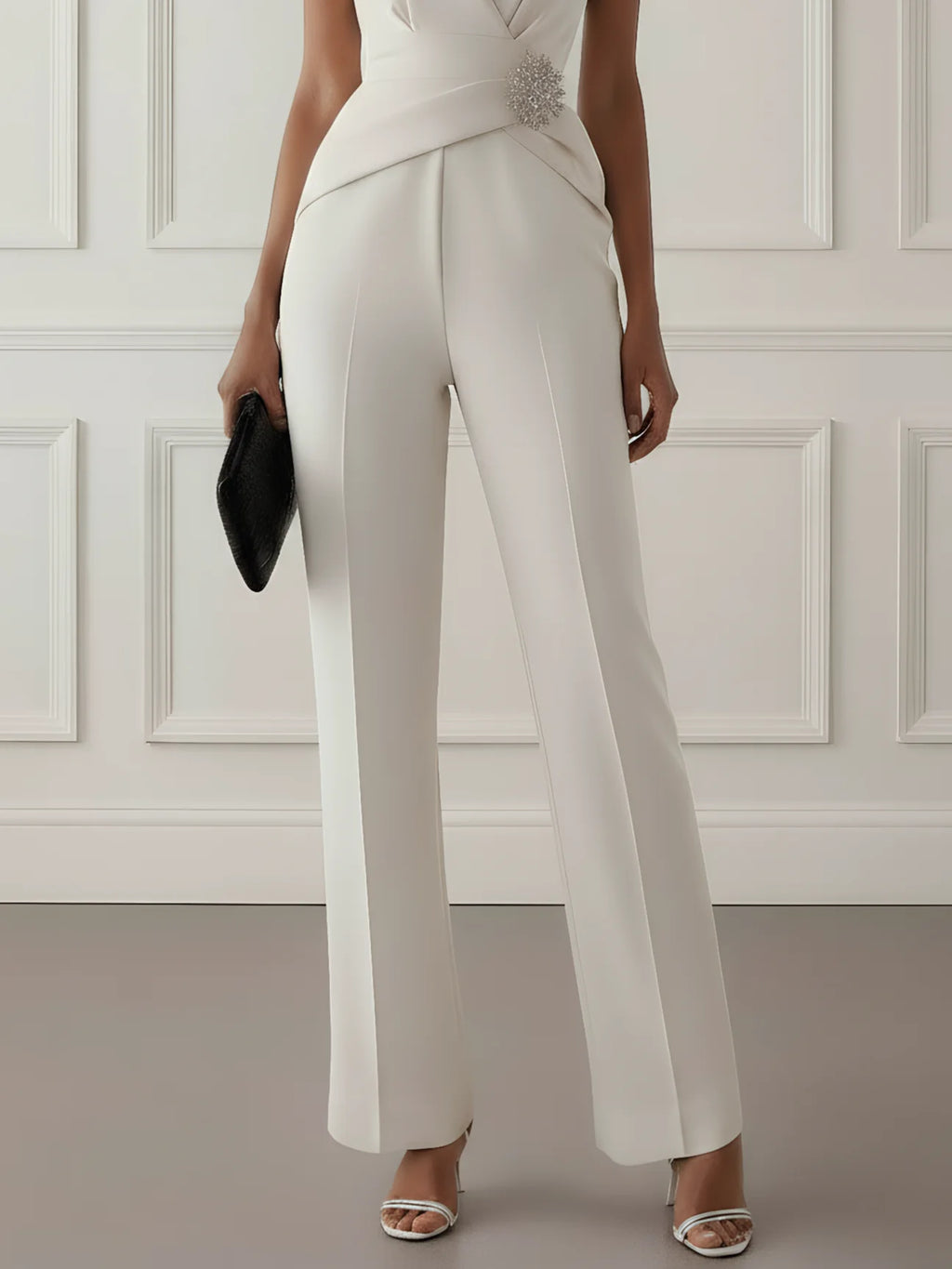 Women White Rhinestone V Neck Cap Sleeve Dressy Jumpsuit