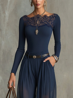 Navy Lace-Panel Long Sleeve Top And Sheer Pleated Wide-Leg Pants Set(with belt)