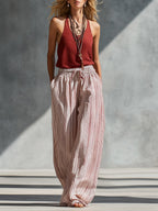 Vest + Striped Cotton-linen Wide-leg Pants Set