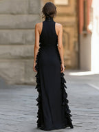 Midnight Elegance Ruffled Halter Pleated Chiffon Maxi Gown