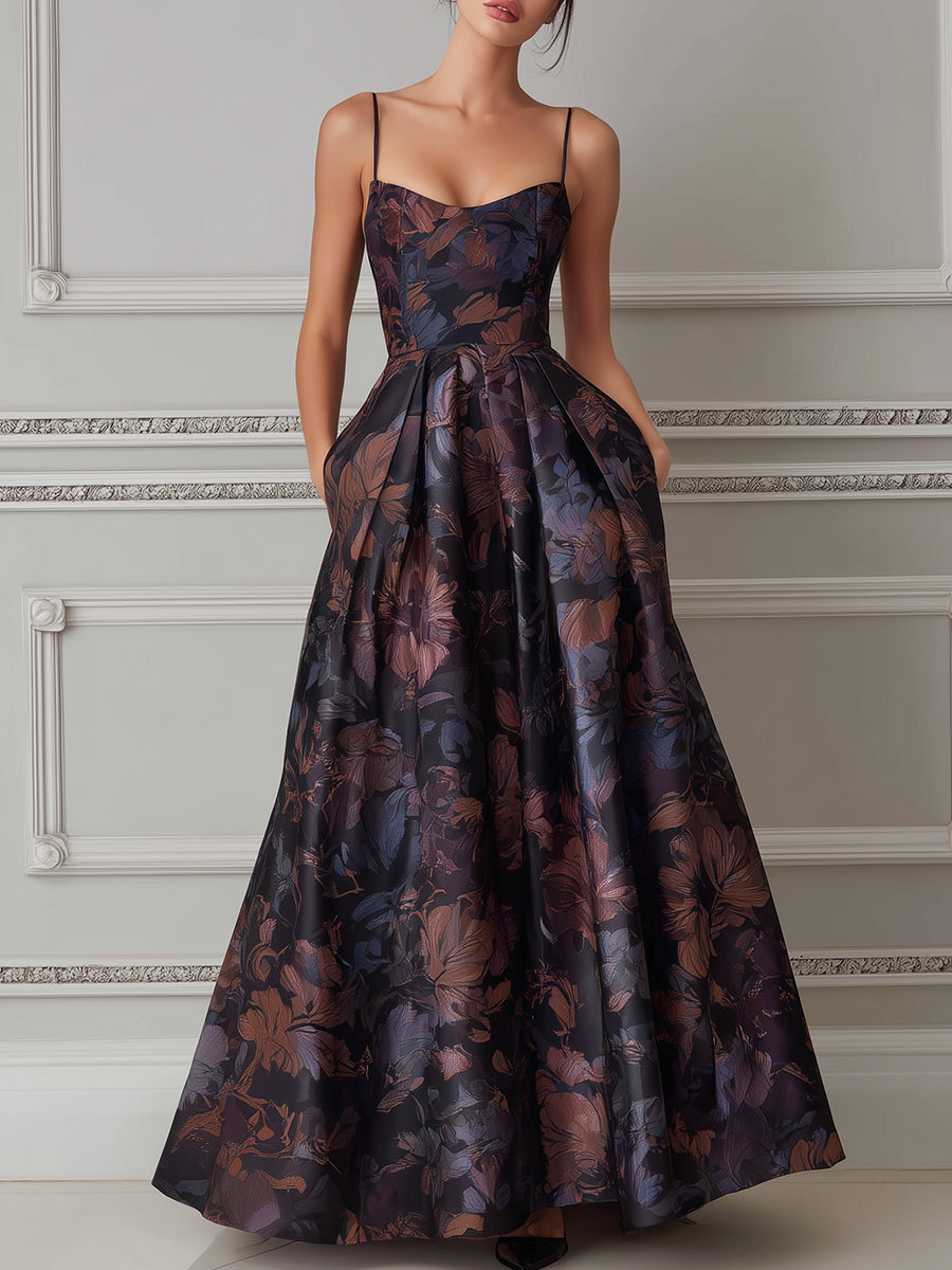 Floral Spaghetti Strap Structured A-Line Maxi Dress