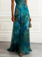 Green Floral Ruched Chiffon V Neck Sleeveless A-Line Maxi Dress