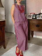 Women's Striped Print Crew Neck Sleeveless Loose-fit Cotton Top & High-waisted Wide-leg Cotton-linen Pants Set