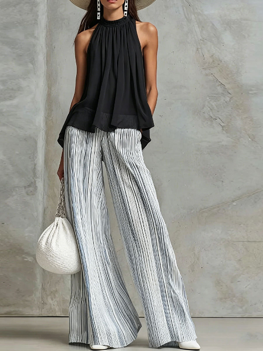 Women's Halter-neck Mesh Sleeveless Top & Striped Trousers Set