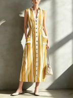 Women's Striped Print V-neck Sleeveless Casual Loose Cotton-linen Dress