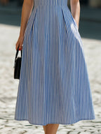 Blue & White Stripe Notched Lapel Short Sleeve Fit-and-Flare Midi Dress