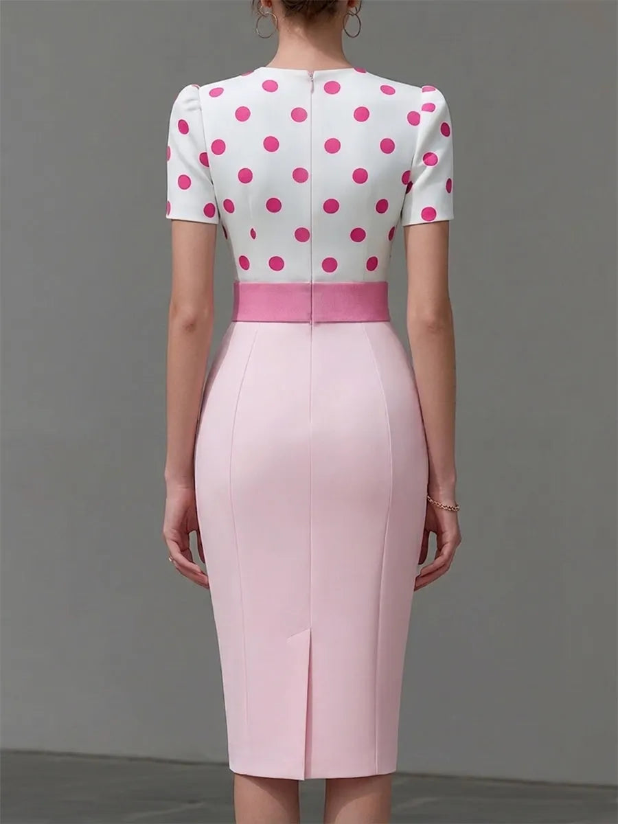 Polka Dot Bow Waist Tailored Midi Sheath Dress