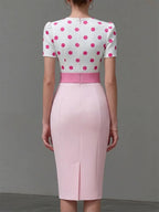 Polka Dot Bow Waist Tailored Midi Sheath Dress