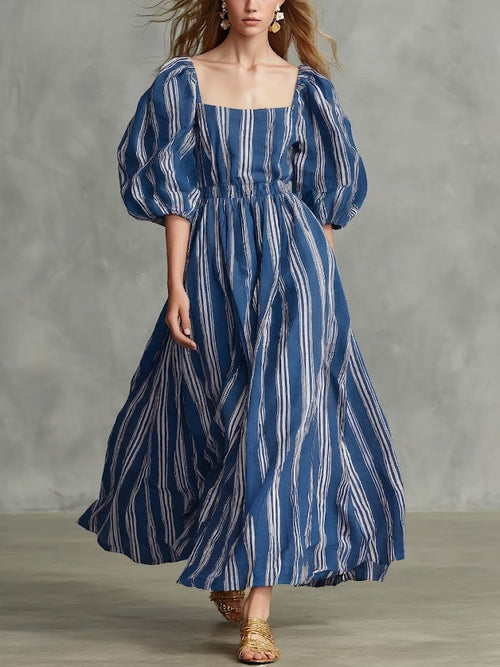 Casual Square-neck, Lantern-sleeve Linen And Cotton Dress With Artistic Stripes