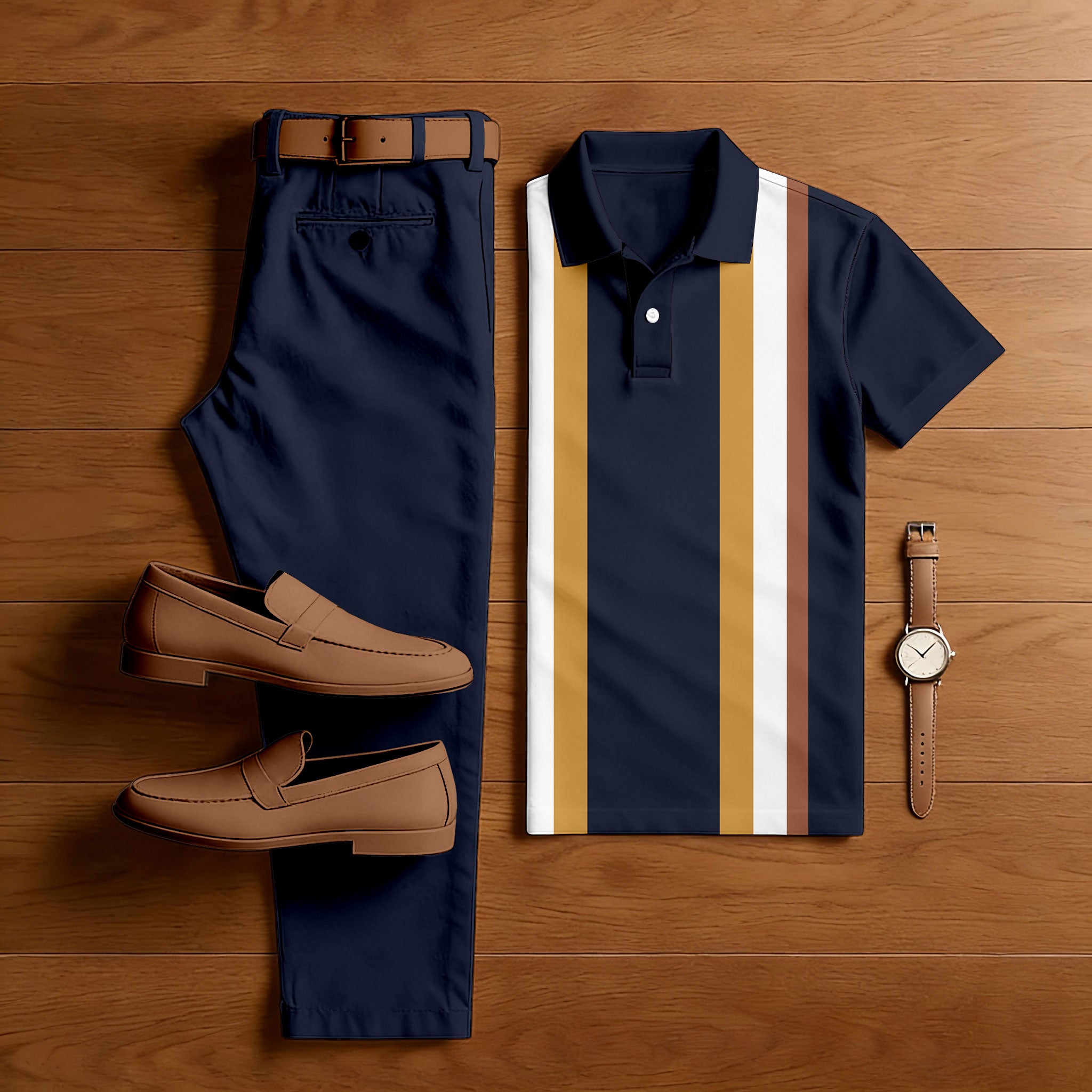 Men's Casual Navy Blue Color Matching Striped Printed Short Sleeved Polo Shirt & Trousers Two-Piece Set