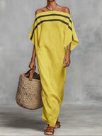 Off-the-shoulder, Straight-neck Linen And Cotton Dress