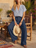 Women's Art Striped Comfortable Casual Top And Pants Cotton Linen Two-piece Set