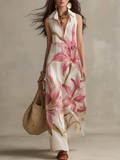 Vacation Floral Print Sleeveless Shirt Maxi Dress