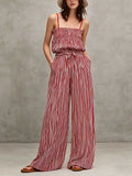 Women's Striped Print Casual Loose-fit Spaghetti Strap Wide-leg Cotton-linen Jumpsuit